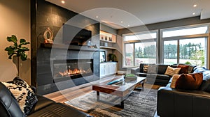 The sleek black fireplace is enhanced by a glass waterfall feature adding a touch of luxury to the contemporary design