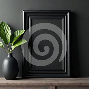 Sleek black frame, invisible on black backdrop , frame mockup, black on black photo
