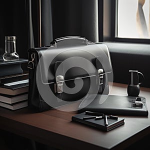 Sleek Black Leather Briefcase with Business Documents and Fountain Pen on Wooden Table