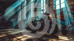 A sleek, black motorcycle is parked in an abandoned urban warehouse, surrounded by graffiti walls