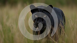 Sleek black panther stalking through the grass created with Generative AI