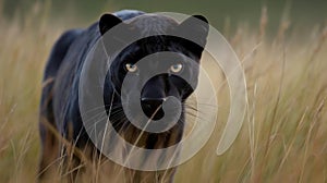 Sleek black panther stalking through the grass created with Generative AI