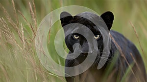 Sleek black panther stalking through the grass created with Generative AI