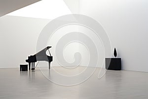 a sleek, black piano standing alone in a minimalist, white room