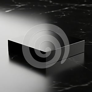 Sleek black rectangular object with dramatic lighting and reflective surface on a dark background