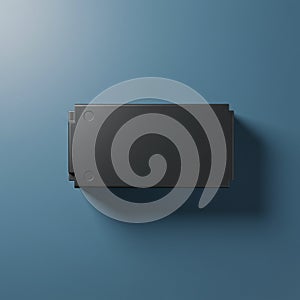 A sleek, black, rectangular object sits on a smooth blue surface. The object has a