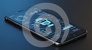 A sleek black smartphone displays a futuristic user interface with digital charts,