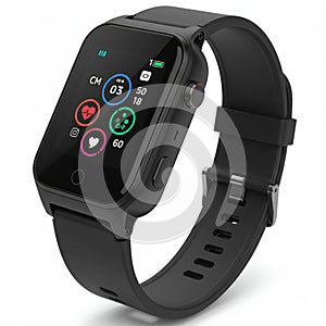 A sleek black smartwatch with a rectangular touch screen displayed at an angle. The