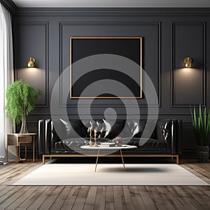 Sleek black sofa in a 3D rendered modern living room interior