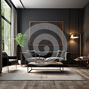 Sleek black sofa in a 3D rendered modern living room interior