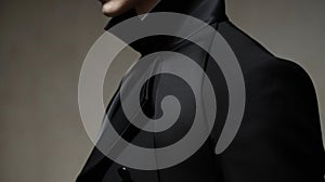 A sleek black suit with a pointed collar and cuffs reminiscent of a vampires cape.