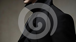 A sleek black suit with a pointed collar and cuffs reminiscent of a vampires cape. photo