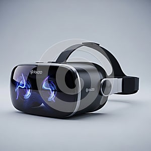 Black virtual reality headset by RADD. Front panel displays glowing blue graph