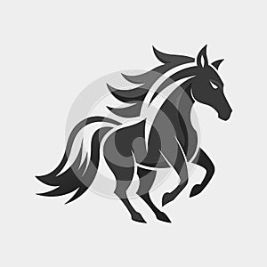 A sleek black and white horse is running energetically on a white background, Graceful equine form in grayscale, minimalist simple