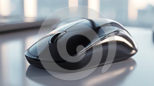 A sleek black wireless computer mouse on a glossy surface, showcasing modern design and advanced functionality. AI