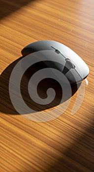 A sleek black wireless computer mouse rests on a wooden surface. The mouse
