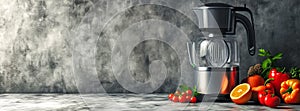 sleek blender next to an assortment of fresh vegetables and fruit on a marble countertop, with a textured dark gray wall