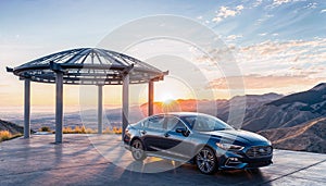 A sleek blue car is parked in front of a modernistic pavilion, with a stunning mountain landscape and sunrise in the background.