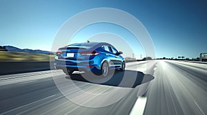 Sleek blue car speeding on a sunlit highway under clear skies. Modern vehicle design, dynamic road travel scene, perfect