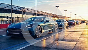 A sleek blue sports car is parked on a track with other cars lined up behind The sun is setting in the background