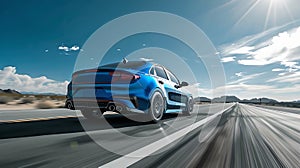 Sleek blue sports car speeding on a highway under a clear sky. Dynamic shot conveying speed, modern design, and freedom