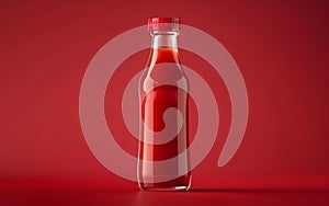 A sleek bottle of hot sauce stands out with its vivid red color against a matching red background, suggesting a spicy