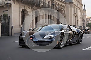 Sleek bugatti veyron supercar in a bustling cityscape with traditional architecture generative by AI