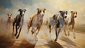 Sleek Canine Elegance: Greyhound Racing Artistry in Mesmerizing Brushstrokes