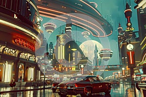 A sleek car cruises down a busy city street illuminated by the neon lights of buildings, creating a futuristic yet