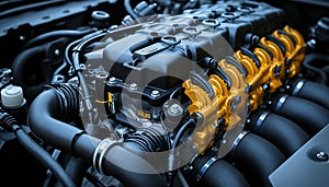 Sleek car engine with selective yellow coloring