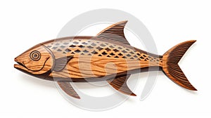 Sleek Carved Wood Fish: Hyperrealistic Wildlife Portrait On White Background