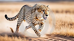 A sleek cheetah sprinting across dry grasslands, showcasing speed and agility in its natural habitat photo