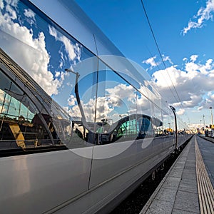 Sleek Commuter Train with Sky Reflection at a Station
