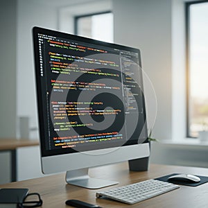 A sleek computer monitor displays colorful lines of code in a programming interface,