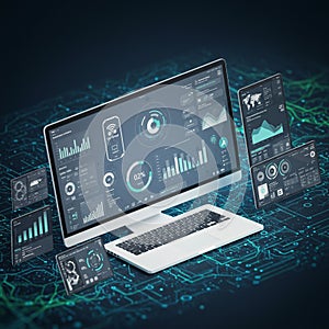 A sleek computer setup features a monitor displaying data visualization tools,