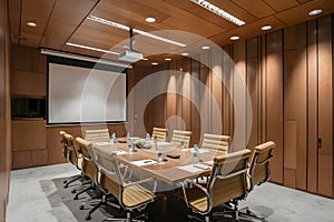 Sleek conference room with wooden panel, projector screen, recessed lights, TV, ample natural light, and cozy seating