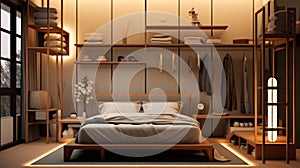 Sleek and contemporary bedroom design featuring a platform bed and a streamlined wall-mounted shelving unit AI Generated