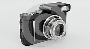 Modern Black Digital Camera with Flash on White Background