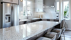 Sleek Contemporary Kitchen with Reflective Granite Countertops and Modern Bar Stools