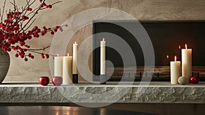 The sleek and contemporary style of a mantle with sleek taper candles creating a harmonious look. 2d flat cartoon photo