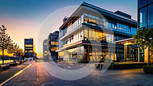 Sleek corporate office building adjacent to modern house and private apartments. Urban business photo