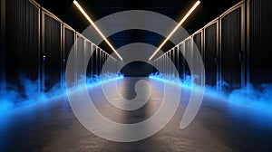 High-tech data center corridor illuminated with blue light at night