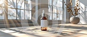 Sleek Cosmetic Dropper Bottle Basking in Sunlight. Concept Cosmetic, Dropper Bottle, Sunlight,