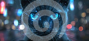 A sleek cyber-cat prowls through the digital landscape, its electric blue eyes scanning for virtu photo