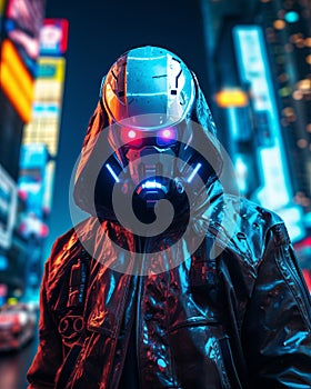 A sleek cyberpunk robot amidst neon-lit city streets