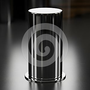 A sleek cylindrical metallic object stands on a dark reflective surface