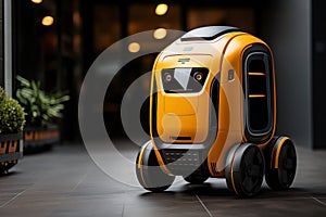 A sleek delivery robot with an intelligent gaze navigates an office building. AI generation