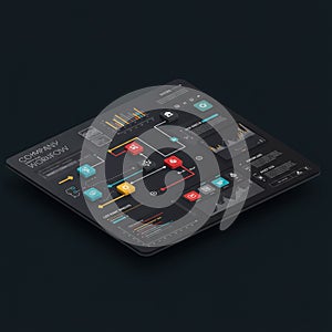 Sleek digital dashboard displaying a company workflow. The dark interface is