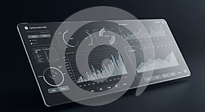 Sleek digital interface displaying various data visualizations on a transparent screen.