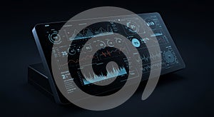 Sleek digital interface with multiple screens displaying data analytics. Features